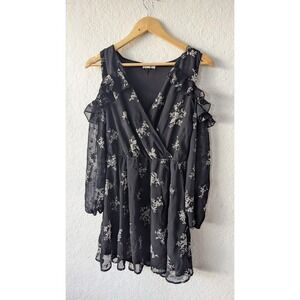 Maurices Womens Black Floral Cold Shoulder Ruffle‎ Wrap Mini Dress Small